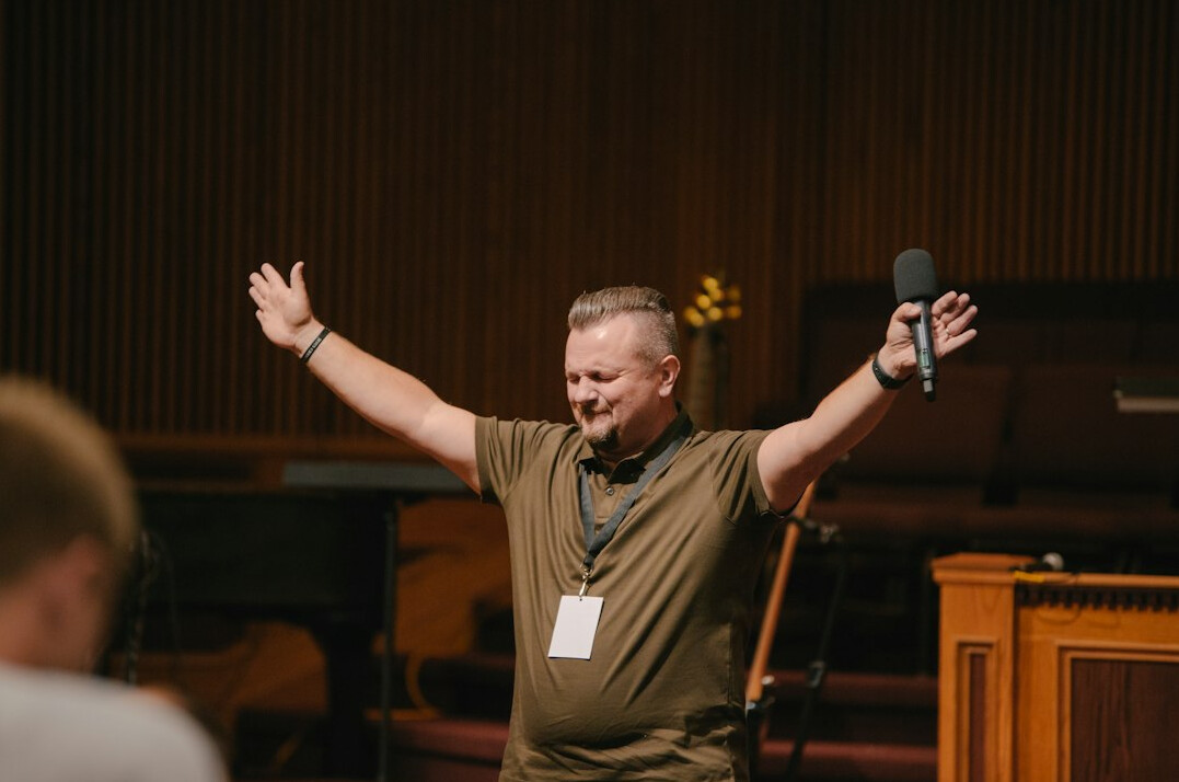 man practicing public speaking